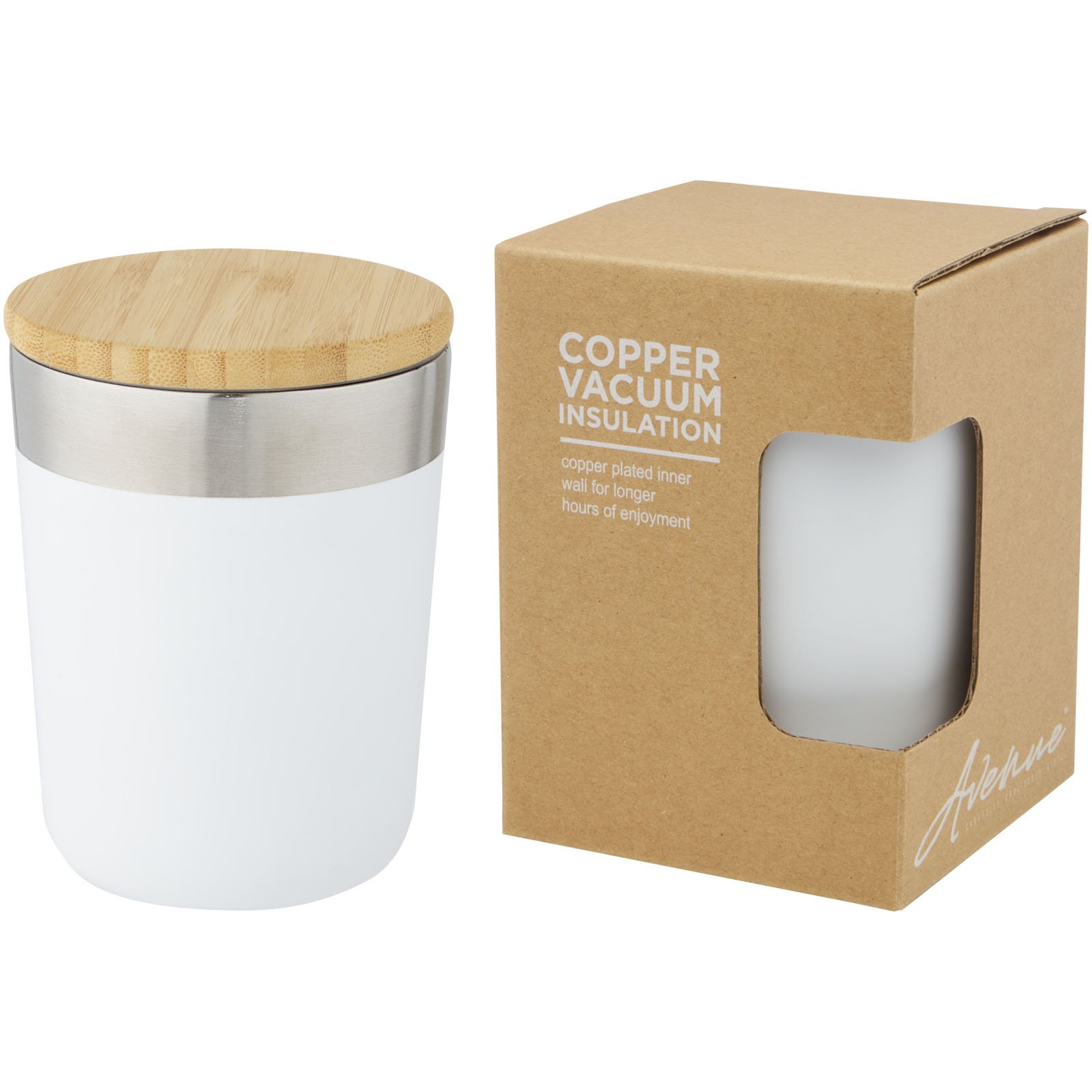10067001-1 Gobelet Lagan de 330 ml en acier inoxydable avec isolation par le vide et couche de cuivre, avec couvercle en bambou – Image 1