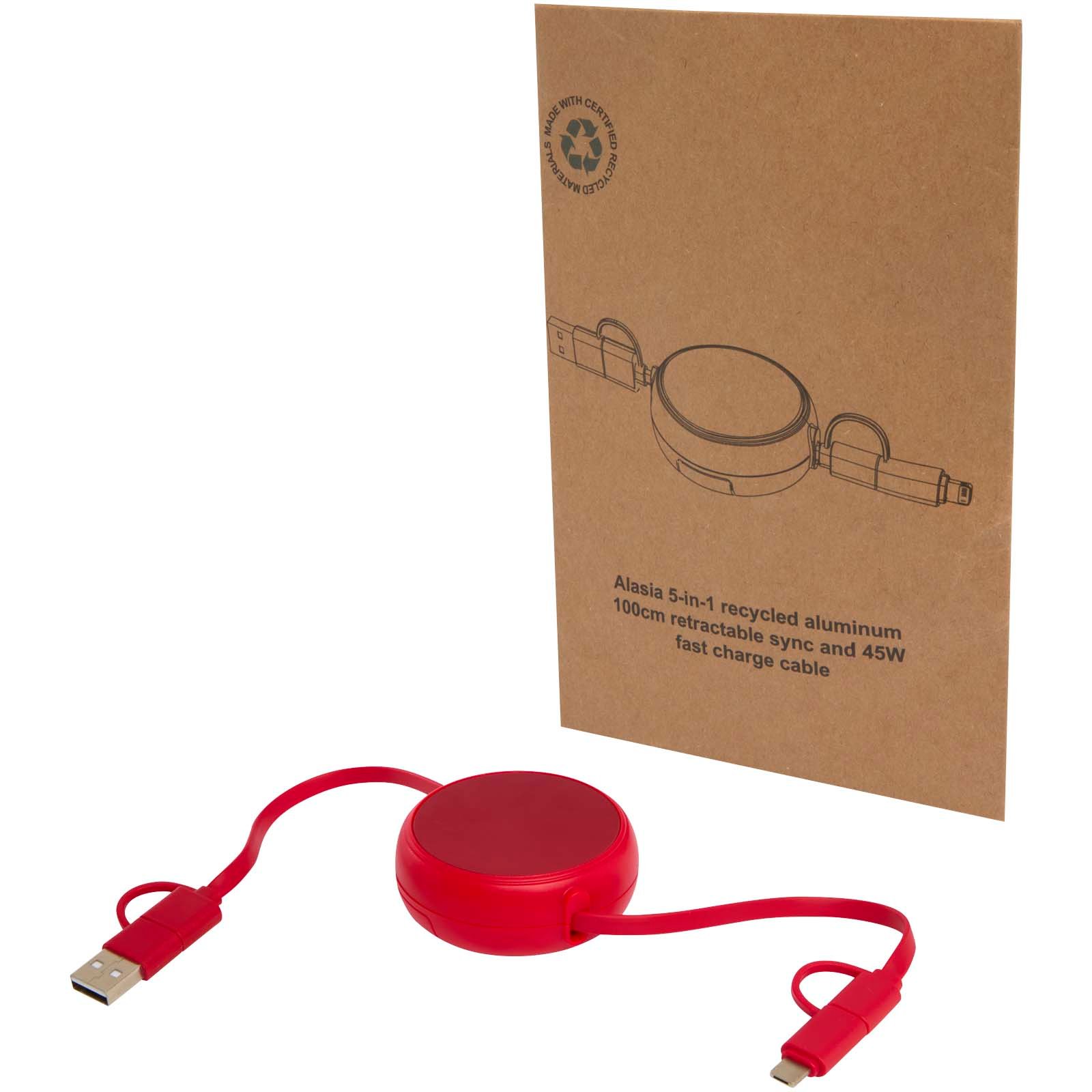 12442021-1 Câble rétractable 5 en 1 Alasia de 100 cm en plastique recyclé et aluminium pour la synchronisation des données et la charge rapide de 45 W – Image 1