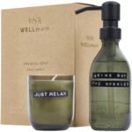 Distributeur de savon pour les mains de 200 ml et jeu de bougies parfumées de 150 g WELLmarkDiscovery - parfum ambré foncé