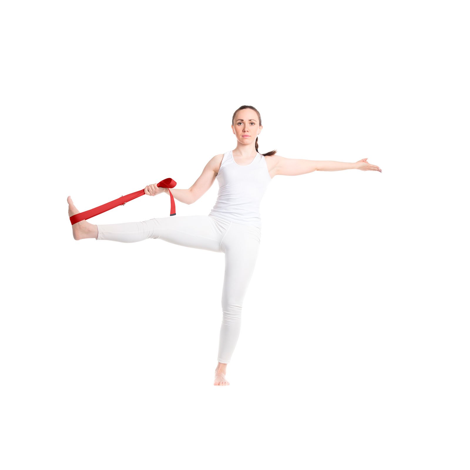 Sporty,Beautiful,Young,Beginning,Yoga,Female,Student,In,White,Sportswear Sangle de yoga Virabha en RPET – Image 1